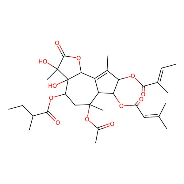 2D Structure of [(3R,3aS,4R,6R,6aS,7R,8R,9bR)-6-acetyloxy-3,3a-dihydroxy-3,6,9-trimethyl-8-[(Z)-2-methylbut-2-enoyl]oxy-7-(3-methylbut-2-enoyloxy)-2-oxo-4,5,6a,7,8,9b-hexahydroazuleno[4,5-b]furan-4-yl] (2R)-2-methylbutanoate