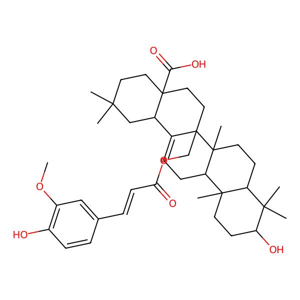 2D Structure of (4aS,6aR,6aR,6bR,8aR,10S,12aR,14bS)-10-hydroxy-6a-[[(E)-3-(4-hydroxy-3-methoxyphenyl)prop-2-enoyl]oxymethyl]-2,2,6b,9,9,12a-hexamethyl-1,3,4,5,6,6a,7,8,8a,10,11,12,13,14b-tetradecahydropicene-4a-carboxylic acid