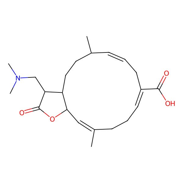 2D Structure of (3R,3aS,7E,10Z,14E,15aR)-3-[(dimethylamino)methyl]-6,14-dimethyl-2-oxo-3a,4,5,6,9,12,13,15a-octahydro-3H-cyclotetradeca[b]furan-10-carboxylic acid