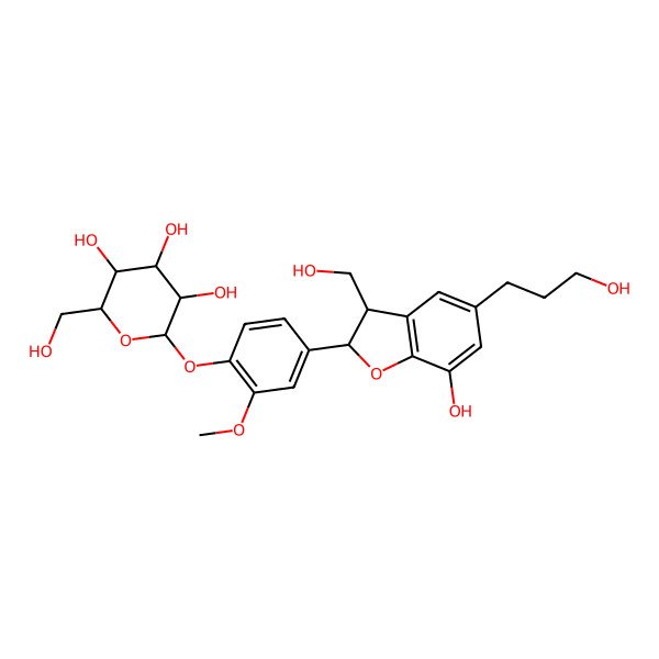 2D Structure of (2R,3S,4R,5R,6S)-2-[4-[(2R,3S)-7-hydroxy-3-(hydroxymethyl)-5-(3-hydroxypropyl)-2,3-dihydro-1-benzofuran-2-yl]-2-methoxyphenoxy]-6-(hydroxymethyl)oxane-3,4,5-triol