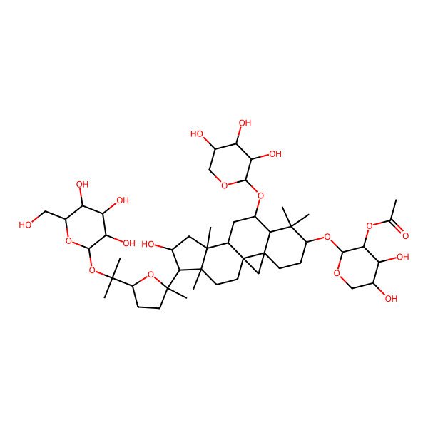 2D Structure of [(2S,3R,4S,5R)-4,5-dihydroxy-2-[[(1S,3R,6S,8R,9S,11S,12S,14S,15R,16R)-14-hydroxy-7,7,12,16-tetramethyl-15-[(2R,5S)-2-methyl-5-[2-[(2S,3R,4S,5S,6R)-3,4,5-trihydroxy-6-(hydroxymethyl)oxan-2-yl]oxypropan-2-yl]oxolan-2-yl]-9-[(2S,3R,4S,5R)-3,4,5-trihydroxyoxan-2-yl]oxy-6-pentacyclo[9.7.0.01,3.03,8.012,16]octadecanyl]oxy]oxan-3-yl] acetate