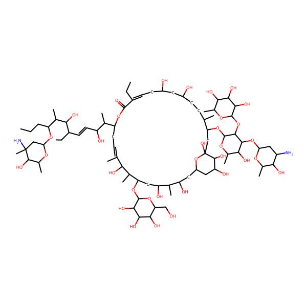 2D Structure of (11E,17E)-15-[(E)-9-[(2R,4S,5S,6S)-4-amino-5-hydroxy-4,6-dimethyloxan-2-yl]oxy-6-ethyl-3,7-dihydroxy-8-methyldodec-4-en-2-yl]-3-[(2R,3R,4S,5R,6R)-4-[(2S,4R,5S,6R)-4-amino-5-hydroxy-6-methyloxan-2-yl]oxy-5-hydroxy-6-methyl-3-[(2S,3R,4S,5S,6R)-3,4,5-trihydroxy-6-methyloxan-2-yl]oxyoxan-2-yl]oxy-12-ethyl-1,7,9,19,23,25,29,30-octahydroxy-4,18,20,24-tetramethyl-21-[(2R,3S,4S,5S,6R)-3,4,5-trihydroxy-6-(hydroxymethyl)oxan-2-yl]oxy-14,31-dioxabicyclo[25.3.1]hentriaconta-11,17-dien-13-one
