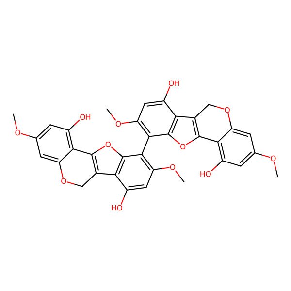 2D Structure of 10-(1,7-dihydroxy-3,9-dimethoxy-6H-[1]benzofuro[3,2-c]chromen-10-yl)-3,9-dimethoxy-6H-[1]benzofuro[3,2-c]chromene-1,7-diol