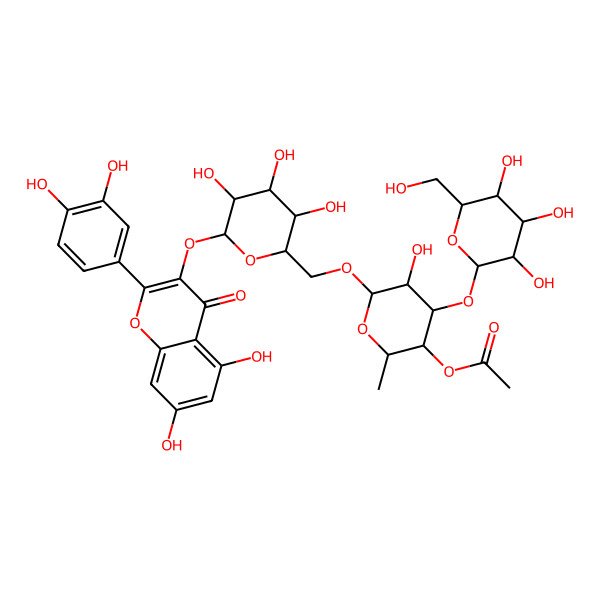 2D Structure of [6-[[6-[2-(3,4-Dihydroxyphenyl)-5,7-dihydroxy-4-oxochromen-3-yl]oxy-3,4,5-trihydroxyoxan-2-yl]methoxy]-5-hydroxy-2-methyl-4-[3,4,5-trihydroxy-6-(hydroxymethyl)oxan-2-yl]oxyoxan-3-yl] acetate
