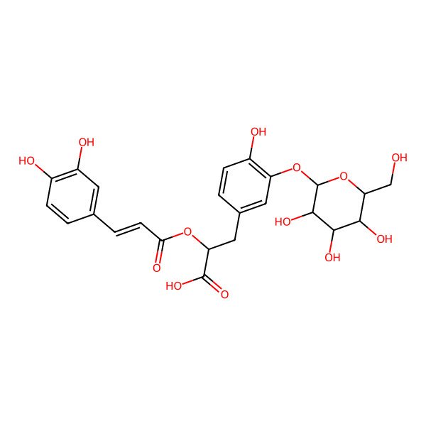 2D Structure of 2-[3-(3,4-Dihydroxyphenyl)prop-2-enoyloxy]-3-[4-hydroxy-3-[3,4,5-trihydroxy-6-(hydroxymethyl)oxan-2-yl]oxyphenyl]propanoic acid
