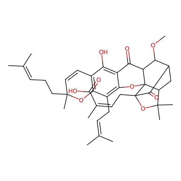 2D Structure of 4-[12-Hydroxy-16-methoxy-8,21,21-trimethyl-5-(3-methylbut-2-enyl)-8-(4-methylpent-3-enyl)-14,18-dioxo-3,7,20-trioxahexacyclo[15.4.1.02,15.02,19.04,13.06,11]docosa-4(13),5,9,11-tetraen-19-yl]-2-methylbut-2-enoic acid