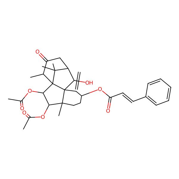 2D Structure of [(1R,2R,3R,4R,7S,9S,10R,11R,14S)-2,3-diacetyloxy-10-hydroxy-4,14,15,15-tetramethyl-8-methylidene-13-oxo-7-tetracyclo[9.3.1.01,9.04,9]pentadecanyl] (E)-3-phenylprop-2-enoate