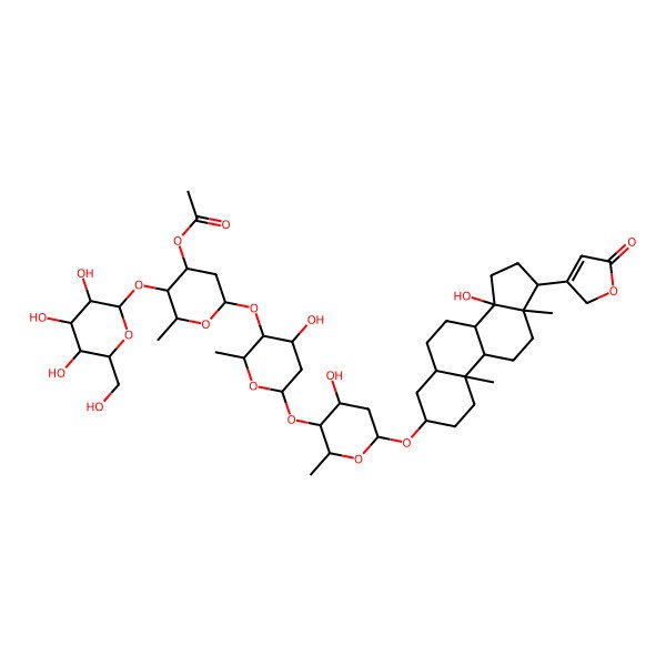 2D Structure of [(2R,3R,4R,6R)-6-[(2R,3S,4S,6R)-4-hydroxy-6-[(2R,3S,4S,6R)-4-hydroxy-6-[[(3S,5R,8S,9R,10S,13R,14S,17R)-14-hydroxy-10,13-dimethyl-17-(5-oxo-2H-furan-3-yl)-1,2,3,4,5,6,7,8,9,11,12,15,16,17-tetradecahydrocyclopenta[a]phenanthren-3-yl]oxy]-2-methyloxan-3-yl]oxy-2-methyloxan-3-yl]oxy-2-methyl-3-[(2S,3R,4S,5S,6R)-3,4,5-trihydroxy-6-(hydroxymethyl)oxan-2-yl]oxyoxan-4-yl] acetate