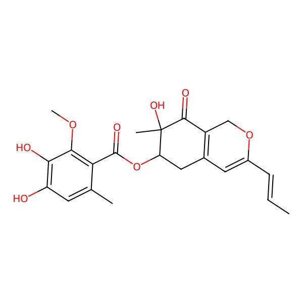2D Structure of [(6R,7R)-7-hydroxy-7-methyl-8-oxo-3-prop-1-enyl-5,6-dihydro-1H-isochromen-6-yl] 3,4-dihydroxy-2-methoxy-6-methylbenzoate