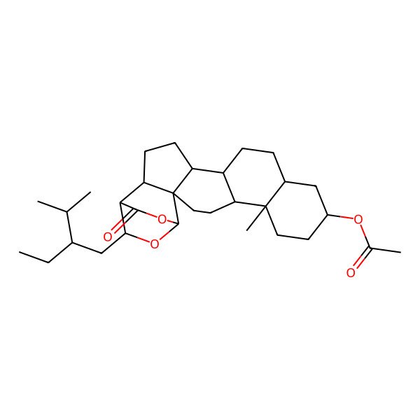 2D Structure of [20-(2-Ethyl-3-methylbutyl)-6-methyl-23-oxo-21,22-dioxahexacyclo[17.2.2.02,15.02,18.05,14.06,11]tricosan-9-yl] acetate