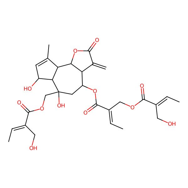 2D Structure of [(E)-2-[[(3aS,4R,6R,6aS,7R,9aR,9bR)-6,7-dihydroxy-6-[[(E)-2-(hydroxymethyl)but-2-enoyl]oxymethyl]-9-methyl-3-methylidene-2-oxo-4,5,6a,7,9a,9b-hexahydro-3aH-azuleno[4,5-b]furan-4-yl]oxycarbonyl]but-2-enyl] (E)-2-(hydroxymethyl)but-2-enoate