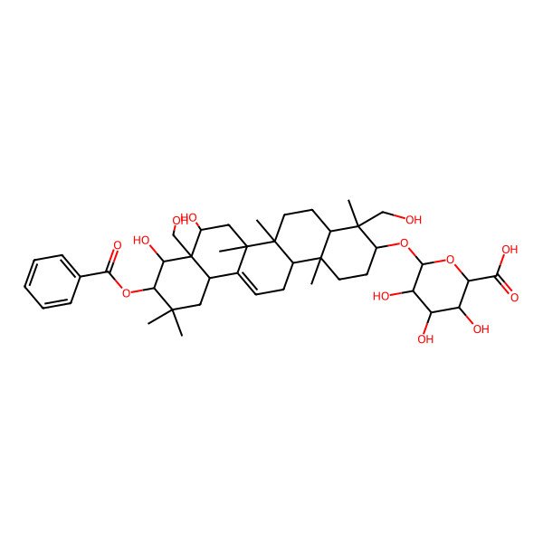 2D Structure of (2S,3S,4S,5R,6R)-6-[[(3S,4R,4aR,6aR,6bS,8S,8aR,9R,10R,12aS,14aR,14bR)-10-benzoyloxy-8,9-dihydroxy-4,8a-bis(hydroxymethyl)-4,6a,6b,11,11,14b-hexamethyl-1,2,3,4a,5,6,7,8,9,10,12,12a,14,14a-tetradecahydropicen-3-yl]oxy]-3,4,5-trihydroxyoxane-2-carboxylic acid
