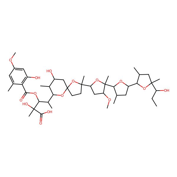 2D Structure of 2-Hydroxy-4-[7-hydroxy-2-[5-[5-[5-(1-hydroxypropyl)-3,5-dimethyloxolan-2-yl]-3-methyloxolan-2-yl]-4-methoxy-5-methyloxolan-2-yl]-2,8-dimethyl-1,10-dioxaspiro[4.5]decan-9-yl]-3-(2-hydroxy-4-methoxy-6-methylbenzoyl)oxy-2-methylpentanoic acid