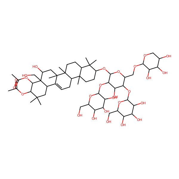 2D Structure of [(3R,4R,4aR,5R,6aR,6aS,6bR,8aR,10S,12aR,14bR)-4-acetyloxy-5-hydroxy-10-[(2R,3R,4S,5S,6R)-4-hydroxy-3,5-bis[[(2S,3R,4S,5S,6R)-3,4,5-trihydroxy-6-(hydroxymethyl)oxan-2-yl]oxy]-6-[[(2R,3S,4R,5R)-3,4,5-trihydroxyoxan-2-yl]oxymethyl]oxan-2-yl]oxy-4a-(hydroxymethyl)-2,2,6a,6b,9,9,12a-heptamethyl-1,3,4,5,6,6a,7,8,8a,10,11,12,13,14b-tetradecahydropicen-3-yl] acetate