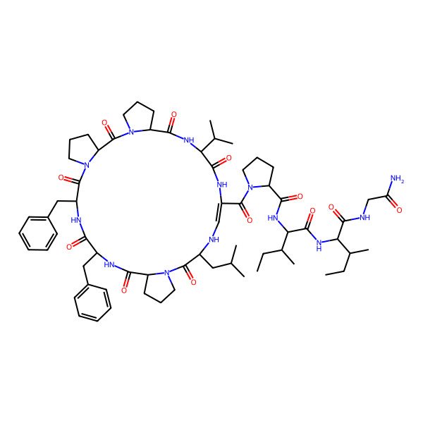 2D Structure of N-[1-[[1-[(2-amino-2-oxoethyl)amino]-3-methyl-1-oxopentan-2-yl]amino]-3-methyl-1-oxopentan-2-yl]-1-[9,12-dibenzyl-21-(2-methylpropyl)-2,8,11,14,20,26,29-heptaoxo-27-propan-2-yl-1,7,10,13,19,22,25,28-octazatetracyclo[28.3.0.03,7.015,19]tritriacont-23-ene-24-carbonyl]pyrrolidine-2-carboxamide