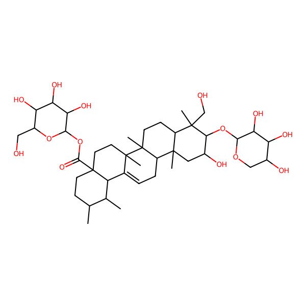 2D Structure of [(2S,3R,4S,5S,6R)-3,4,5-trihydroxy-6-(hydroxymethyl)oxan-2-yl] (1S,2R,4aS,6aR,6aS,6bR,8aS,9R,10R,11R,12aR,14bR)-11-hydroxy-9-(hydroxymethyl)-1,2,6a,6b,9,12a-hexamethyl-10-[(2R,3R,4S,5S)-3,4,5-trihydroxyoxan-2-yl]oxy-2,3,4,5,6,6a,7,8,8a,10,11,12,13,14b-tetradecahydro-1H-picene-4a-carboxylate