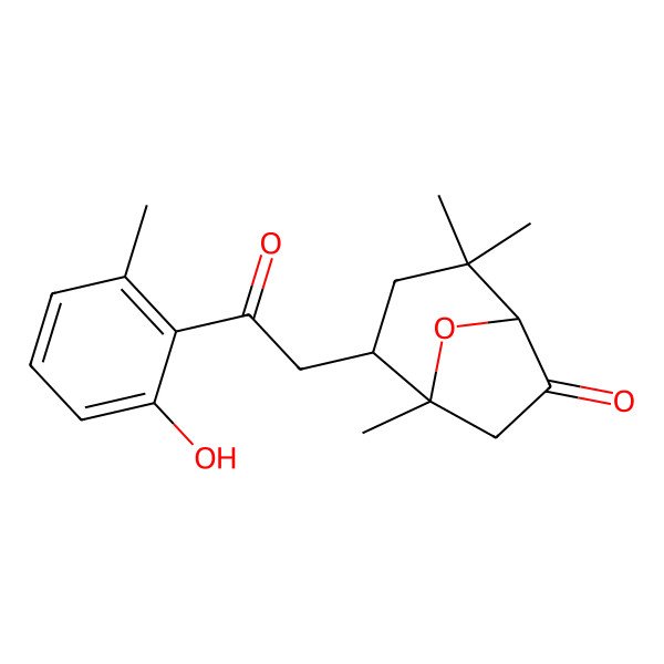 2D Structure of (1R,2R,5R)-2-[2-(2-hydroxy-6-methylphenyl)-2-oxoethyl]-1,4,4-trimethyl-8-oxabicyclo[3.2.1]octan-6-one