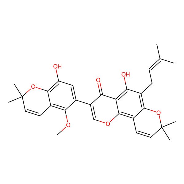 2D Structure of 5-Hydroxy-3-(8-hydroxy-5-methoxy-2,2-dimethylchromen-6-yl)-8,8-dimethyl-6-(3-methylbut-2-enyl)pyrano[2,3-h]chromen-4-one