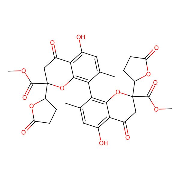 2D Structure of methyl 5-hydroxy-8-[5-hydroxy-2-methoxycarbonyl-7-methyl-4-oxo-2-(5-oxooxolan-2-yl)-3H-chromen-8-yl]-7-methyl-4-oxo-2-(5-oxooxolan-2-yl)-3H-chromene-2-carboxylate