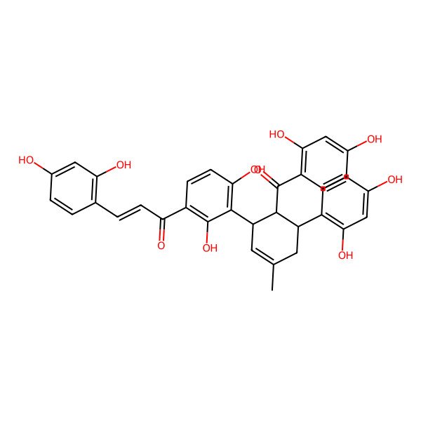2D Structure of (E)-1-[3-[(1S,5S,6R)-6-(2,4-dihydroxybenzoyl)-5-(2,4-dihydroxyphenyl)-3-methylcyclohex-2-en-1-yl]-2,4-dihydroxyphenyl]-3-(2,4-dihydroxyphenyl)prop-2-en-1-one