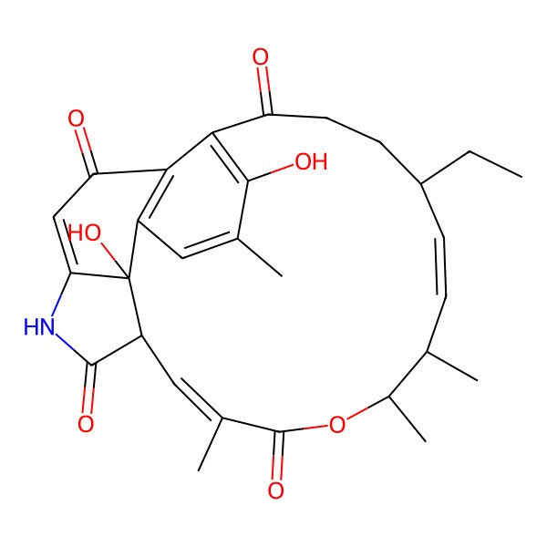 2D Structure of (9S,10E,12S,13S,16Z,18S,25R)-9-ethyl-4,25-dihydroxy-3,12,13,16-tetramethyl-14-oxa-20-azatetracyclo[16.6.1.05,24.021,25]pentacosa-1(24),2,4,10,16,21-hexaene-6,15,19,23-tetrone