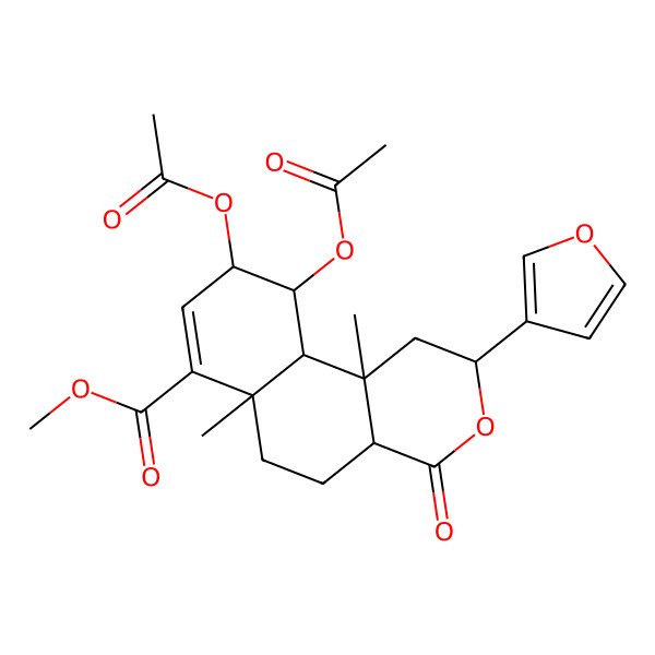 2D Structure of Methyl 9,10-diacetyloxy-2-(furan-3-yl)-6a,10b-dimethyl-4-oxo-1,2,4a,5,6,9,10,10a-octahydrobenzo[f]isochromene-7-carboxylate