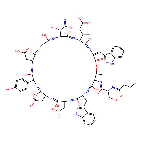 2D Structure of (3R)-3-[(3Z,6S,9R,15S,18R,21S,24S,27R,30S,31R)-15,21,24-tris(carboxymethyl)-30-[[(2S)-1,3-dihydroxy-2-(1-hydroxybutylideneamino)propylidene]amino]-9-[(1S)-1,2-dihydroxy-2-iminoethyl]-5,8,11,14,17,20,23,26,29-nonahydroxy-18-(4-hydroxyphenyl)-27-(1H-indol-3-ylmethyl)-3-(1H-indol-3-ylmethylidene)-31-methyl-2-oxo-1-oxa-4,7,10,13,16,19,22,25,28-nonazacyclohentriaconta-4,7,10,13,16,19,22,25,28-nonaen-6-yl]butanoic acid