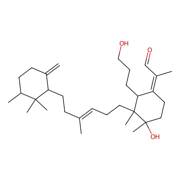 2D Structure of (2E)-2-[(2R,3S,4S)-4-hydroxy-2-(3-hydroxypropyl)-3,4-dimethyl-3-[(E)-4-methyl-6-[(1R,3S)-2,2,3-trimethyl-6-methylidenecyclohexyl]hex-3-enyl]cyclohexylidene]propanal