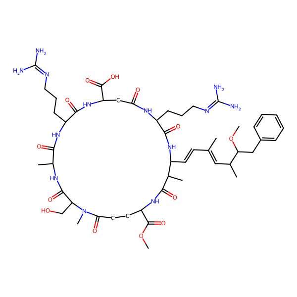 2D Structure of (2S,5R,8S,11R,15S,18S,19S,22R)-8,15-bis[3-(diaminomethylideneamino)propyl]-2-(hydroxymethyl)-22-methoxycarbonyl-18-[(1E,3E,5S,6S)-6-methoxy-3,5-dimethyl-7-phenylhepta-1,3-dienyl]-1,5,19-trimethyl-3,6,9,13,16,20,25-heptaoxo-1,4,7,10,14,17,21-heptazacyclopentacosane-11-carboxylic acid