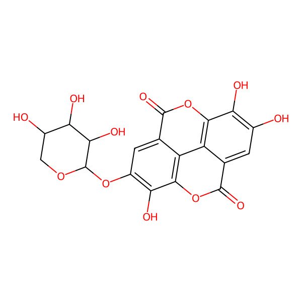 2D Structure of 6,7,14-trihydroxy-13-[(2R,3R,4S,5R)-3,4,5-trihydroxyoxan-2-yl]oxy-2,9-dioxatetracyclo[6.6.2.04,16.011,15]hexadeca-1(15),4,6,8(16),11,13-hexaene-3,10-dione