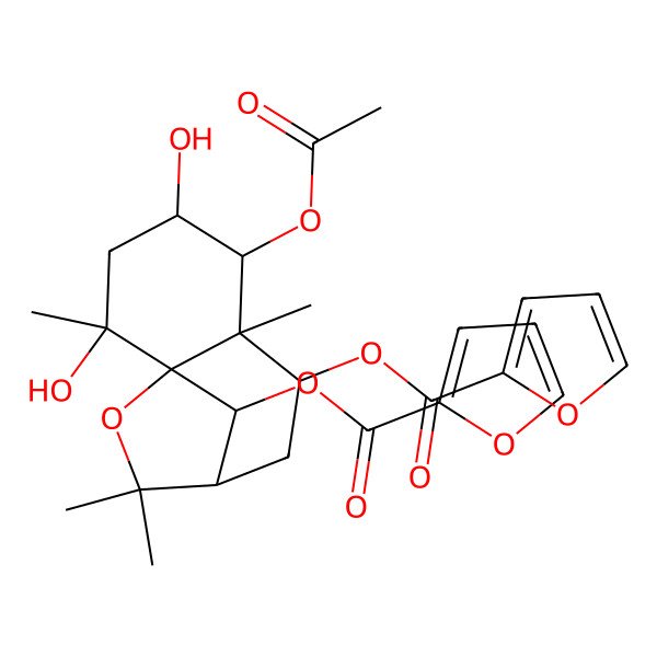 2D Structure of [5-Acetyloxy-12-(furan-2-carbonyloxy)-2,4-dihydroxy-2,6,10,10-tetramethyl-11-oxatricyclo[7.2.1.01,6]dodecan-7-yl] furan-2-carboxylate