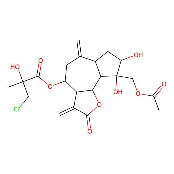 2D Structure of [(3aR,4S,6aR,8S,9R,9aS,9bS)-9-(acetyloxymethyl)-8,9-dihydroxy-3,6-dimethylidene-2-oxo-3a,4,5,6a,7,8,9a,9b-octahydroazuleno[4,5-b]furan-4-yl] (2S)-3-chloro-2-hydroxy-2-methylpropanoate