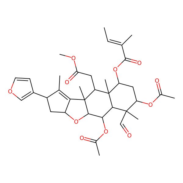 2D Structure of [2,5-Diacetyloxy-4-formyl-13-(furan-3-yl)-9-(2-methoxy-2-oxoethyl)-4,8,10,12-tetramethyl-16-oxatetracyclo[8.6.0.03,8.011,15]hexadec-11-en-7-yl] 2-methylbut-2-enoate