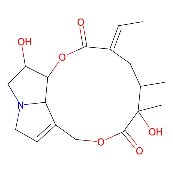2D Structure of 4-Ethylidene-7,16-dihydroxy-6,7-dimethyl-2,9-dioxa-14-azatricyclo[9.5.1.014,17]heptadec-11-ene-3,8-dione