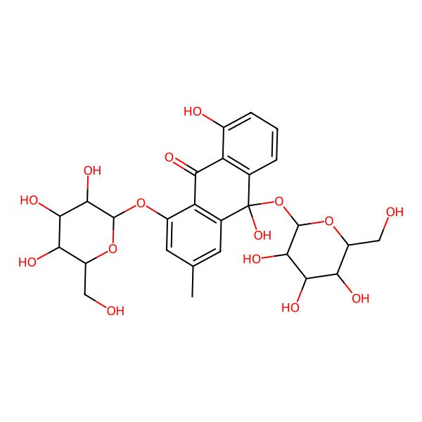 2D Structure of (10R)-8,10-dihydroxy-3-methyl-1,10-bis[[(2S,3R,4S,5S,6R)-3,4,5-trihydroxy-6-(hydroxymethyl)oxan-2-yl]oxy]anthracen-9-one
