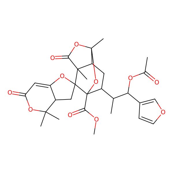 2D Structure of Methyl 9-[1-acetyloxy-1-(furan-3-yl)propan-2-yl]-3,4',4',6-tetramethyl-5,6'-dioxospiro[2,4-dioxatricyclo[4.3.1.03,7]decane-10,2'-3,3a-dihydrofuro[3,2-c]pyran]-1-carboxylate