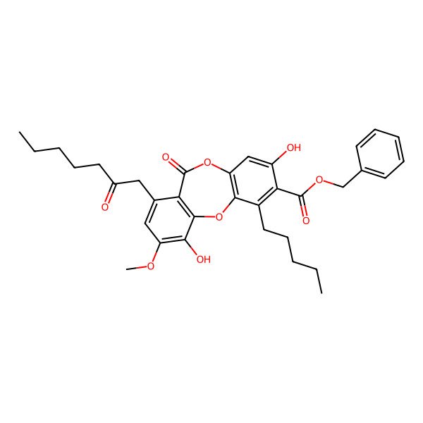2D Structure of Benzyl 3,10-dihydroxy-9-methoxy-6-oxo-7-(2-oxoheptyl)-1-pentylbenzo[b][1,4]benzodioxepine-2-carboxylate