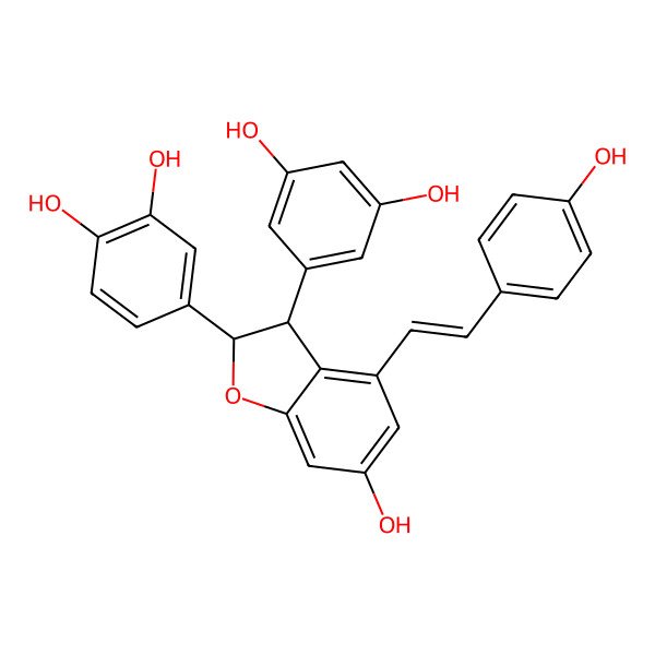 2D Structure of 4-[(2S,3R)-3-(3,5-dihydroxyphenyl)-6-hydroxy-4-[(E)-2-(4-hydroxyphenyl)ethenyl]-2,3-dihydro-1-benzofuran-2-yl]benzene-1,2-diol