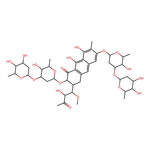 2D Structure of 2,6-bis[[4-(4,5-dihydroxy-6-methyloxan-2-yl)oxy-5-hydroxy-6-methyloxan-2-yl]oxy]-8,9-dihydroxy-3-(2-hydroxy-1-methoxy-3-oxobutyl)-7-methyl-3,4-dihydro-2H-anthracen-1-one