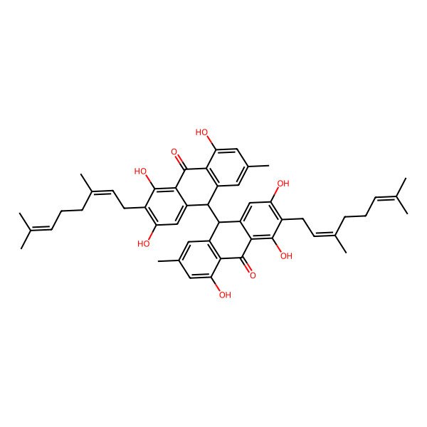 2D Structure of (10R)-2-[(2E)-3,7-dimethylocta-2,6-dienyl]-10-[(9S)-3-[(2E)-3,7-dimethylocta-2,6-dienyl]-2,4,5-trihydroxy-7-methyl-10-oxo-9H-anthracen-9-yl]-1,3,8-trihydroxy-6-methyl-10H-anthracen-9-one