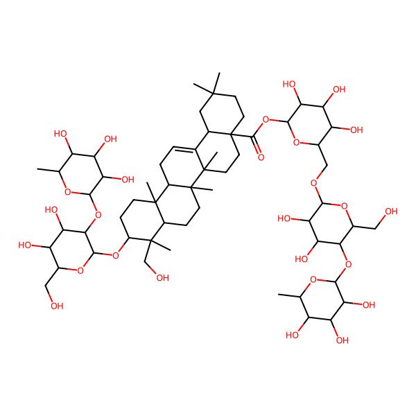 2D Structure of [(2S,3R,4S,5S,6R)-6-[[(2R,3R,4R,5S,6R)-3,4-dihydroxy-6-(hydroxymethyl)-5-[(2S,3R,4R,5R,6S)-3,4,5-trihydroxy-6-methyloxan-2-yl]oxyoxan-2-yl]oxymethyl]-3,4,5-trihydroxyoxan-2-yl] (4aS,6aR,6aS,6bR,8aR,9R,10S,12aR,14bS)-10-[(2R,3R,4S,5S,6R)-4,5-dihydroxy-6-(hydroxymethyl)-3-[(2S,3R,4R,5R,6S)-3,4,5-trihydroxy-6-methyloxan-2-yl]oxyoxan-2-yl]oxy-9-(hydroxymethyl)-2,2,6a,6b,9,12a-hexamethyl-1,3,4,5,6,6a,7,8,8a,10,11,12,13,14b-tetradecahydropicene-4a-carboxylate