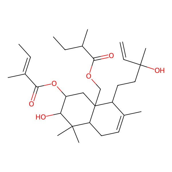 2D Structure of [(4S,4aS,6R,7S,8aR)-7-hydroxy-4-[(3R)-3-hydroxy-3-methylpent-4-enyl]-3,8,8-trimethyl-6-[(Z)-2-methylbut-2-enoyl]oxy-1,4,5,6,7,8a-hexahydronaphthalen-4a-yl]methyl (2R)-2-methylbutanoate