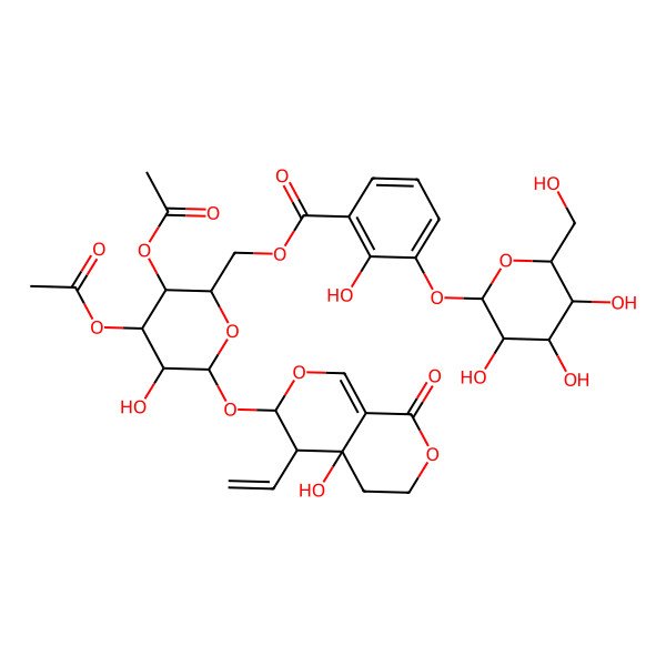 2D Structure of [3,4-Diacetyloxy-6-[(4-ethenyl-4a-hydroxy-8-oxo-3,4,5,6-tetrahydropyrano[3,4-c]pyran-3-yl)oxy]-5-hydroxyoxan-2-yl]methyl 2-hydroxy-3-[3,4,5-trihydroxy-6-(hydroxymethyl)oxan-2-yl]oxybenzoate
