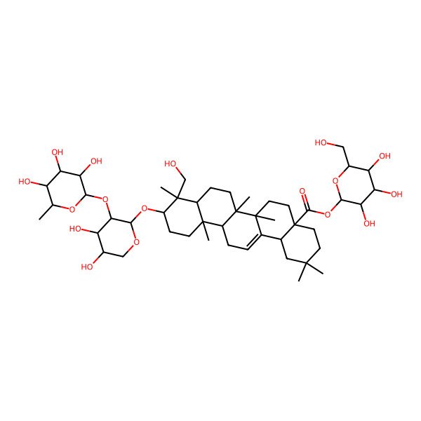 2D Structure of [(2R,3R,4S,5S,6R)-3,4,5-trihydroxy-6-(hydroxymethyl)oxan-2-yl] (4aS,6aR,6aS,6bR,8aR,9R,10S,12aR,14bS)-10-[(2S,3R,4S,5S)-4,5-dihydroxy-3-[(2S,3R,4R,5R,6S)-3,4,5-trihydroxy-6-methyloxan-2-yl]oxyoxan-2-yl]oxy-9-(hydroxymethyl)-2,2,6a,6b,9,12a-hexamethyl-1,3,4,5,6,6a,7,8,8a,10,11,12,13,14b-tetradecahydropicene-4a-carboxylate