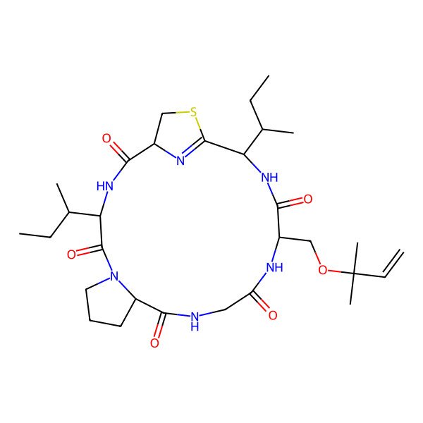 2D Structure of (1R,4S,10S,16S,19S)-4,19-bis[(2S)-butan-2-yl]-16-(2-methylbut-3-en-2-yloxymethyl)-21-thia-3,6,12,15,18,23-hexazatricyclo[18.2.1.06,10]tricos-20(23)-ene-2,5,11,14,17-pentone