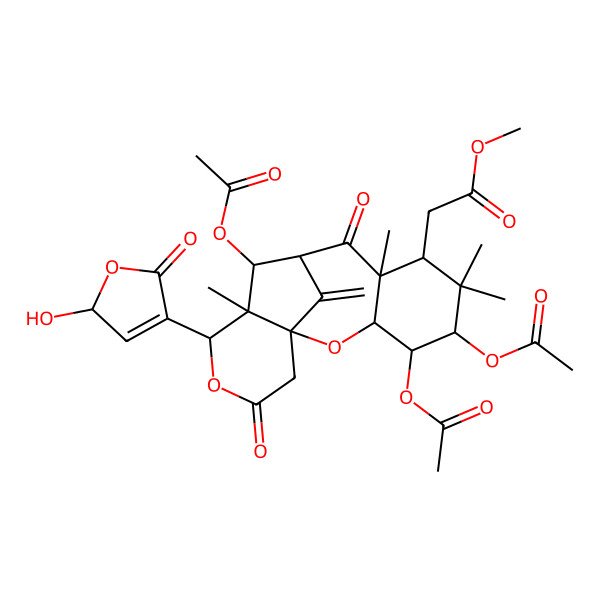 2D Structure of methyl 2-[(1S,3R,4R,5S,7S,8R,10R,11S,12S,13R)-4,5,11-triacetyloxy-13-[(2S)-2-hydroxy-5-oxo-2H-furan-4-yl]-6,6,8,12-tetramethyl-17-methylidene-9,15-dioxo-2,14-dioxatetracyclo[8.6.1.01,12.03,8]heptadecan-7-yl]acetate