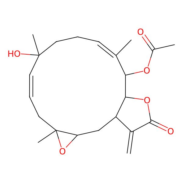 2D Structure of [(1R,3S,5S,7E,9S,12E,14S,15R)-9-hydroxy-5,9,13-trimethyl-18-methylidene-17-oxo-4,16-dioxatricyclo[13.3.0.03,5]octadeca-7,12-dien-14-yl] acetate