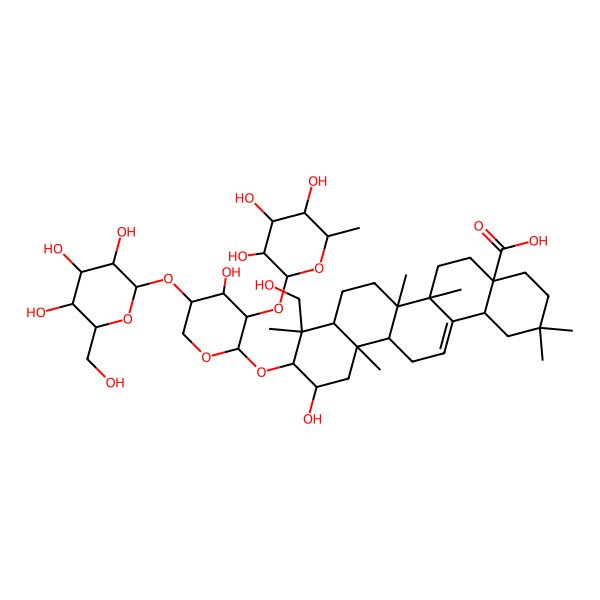 2D Structure of (4aS,6aR,6aS,6bR,8aR,9R,10R,11S,12aR,14bS)-11-hydroxy-9-(hydroxymethyl)-10-[(2S,3R,4S,5S)-4-hydroxy-5-[(2S,3R,4S,5S,6R)-3,4,5-trihydroxy-6-(hydroxymethyl)oxan-2-yl]oxy-3-[(2S,3R,4R,5R,6S)-3,4,5-trihydroxy-6-methyloxan-2-yl]oxyoxan-2-yl]oxy-2,2,6a,6b,9,12a-hexamethyl-1,3,4,5,6,6a,7,8,8a,10,11,12,13,14b-tetradecahydropicene-4a-carboxylic acid