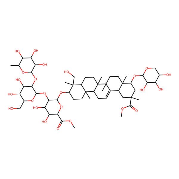 2D Structure of methyl (2S,3S,4S,5R,6R)-6-[[(3S,4S,4aR,6aR,6bS,8aR,9R,11S,12aS,14aR,14bR)-4-(hydroxymethyl)-11-methoxycarbonyl-4,6a,6b,8a,11,14b-hexamethyl-9-[(2S,3R,4S,5S)-3,4,5-trihydroxyoxan-2-yl]oxy-1,2,3,4a,5,6,7,8,9,10,12,12a,14,14a-tetradecahydropicen-3-yl]oxy]-5-[(2S,3R,4S,5R,6R)-4,5-dihydroxy-6-(hydroxymethyl)-3-[(2S,3R,4R,5R,6S)-3,4,5-trihydroxy-6-methyloxan-2-yl]oxyoxan-2-yl]oxy-3,4-dihydroxyoxane-2-carboxylate