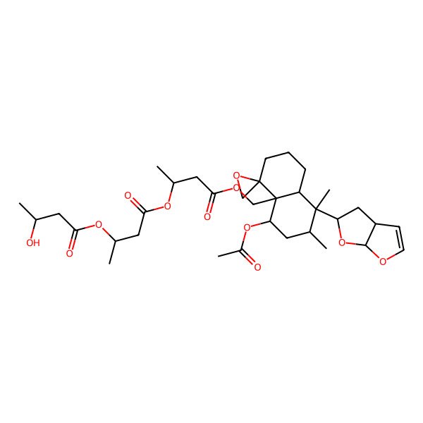 2D Structure of [(2S)-4-[(2S)-4-[[(4R,4aR,5S,7R,8S,8aR)-8-[(3aS,5S,6aR)-3a,4,5,6a-tetrahydrofuro[2,3-b]furan-5-yl]-5-acetyloxy-7,8-dimethylspiro[2,3,5,6,7,8a-hexahydro-1H-naphthalene-4,2'-oxirane]-4a-yl]methoxy]-4-oxobutan-2-yl]oxy-4-oxobutan-2-yl] (3S)-3-hydroxybutanoate